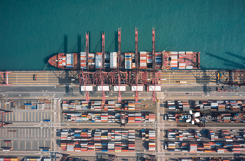 国际港口顶部视图：起重机装载集装箱，进出口业务物流图片素材