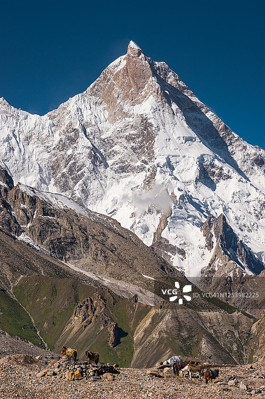 喀喇昆仑山脉马舍布鲁姆峰，从Goro II营地眺望，巴基斯坦北部吉尔吉特-巴尔蒂斯坦K2大本营徒步路线图片素材