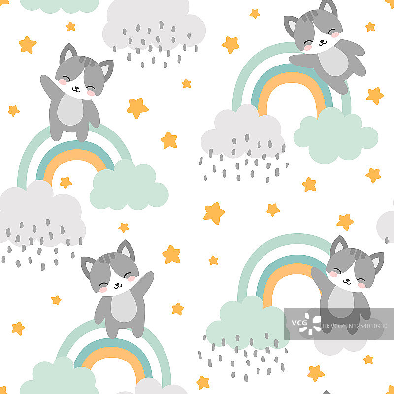 猫咪无缝背景图案：可爱小猫在云朵和星星间飞翔图片素材