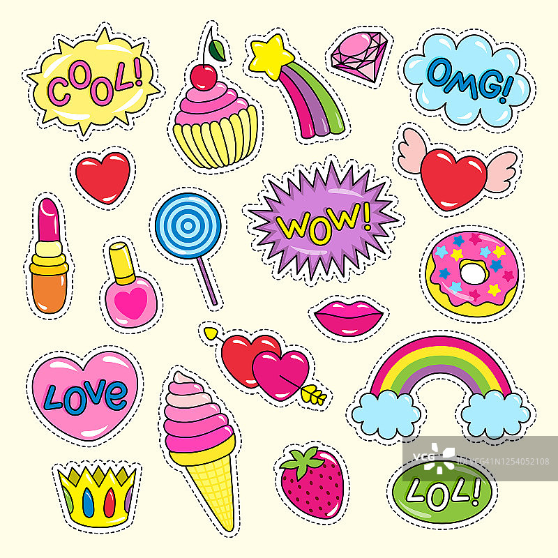 粉红色和红色少女贴纸套装图片素材