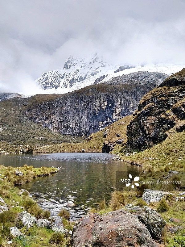 安第斯山脉的湖泊，背景是山脉和冰川图片素材