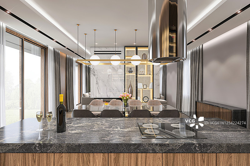 带餐厅的豪华别墅厨房岛台图片素材