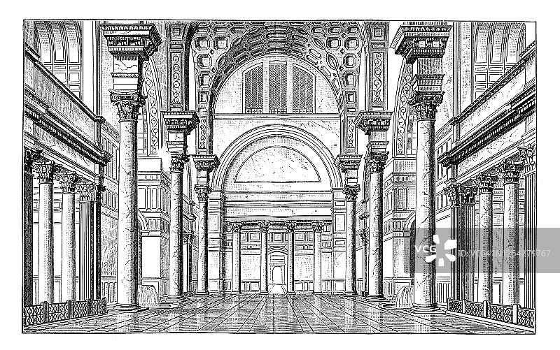 意大利罗马卡拉卡拉浴场的古老雕刻插图，罗马式建筑图片素材