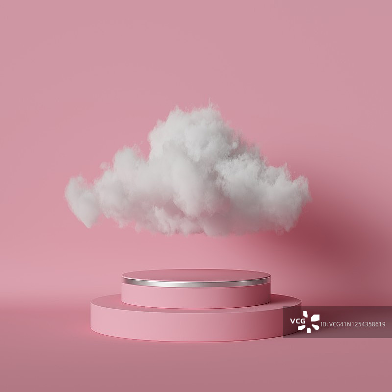3D渲染：粉色房间内漂浮白云的圆台，时尚概念图片素材