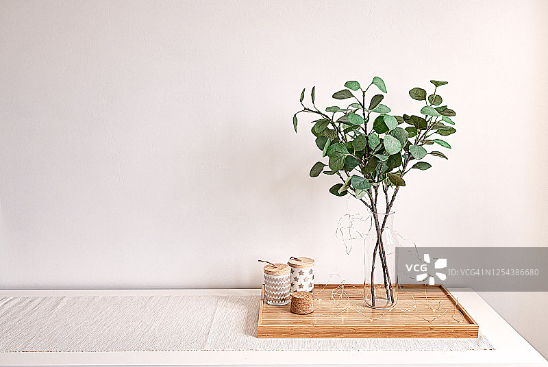 斯堪的纳维亚白色室内装饰，花瓶中的绿叶和木头上的蜡烛，白色室内背景静物图片素材