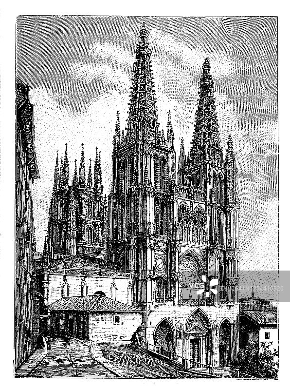 布尔戈斯圣玛丽主教座堂（13至14世纪哥特式建筑）古老雕刻插图图片素材