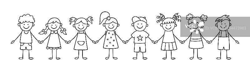 手牵手的有趣孩子们，友谊概念，快乐可爱的涂鸦儿童，独立矢量插画图片素材