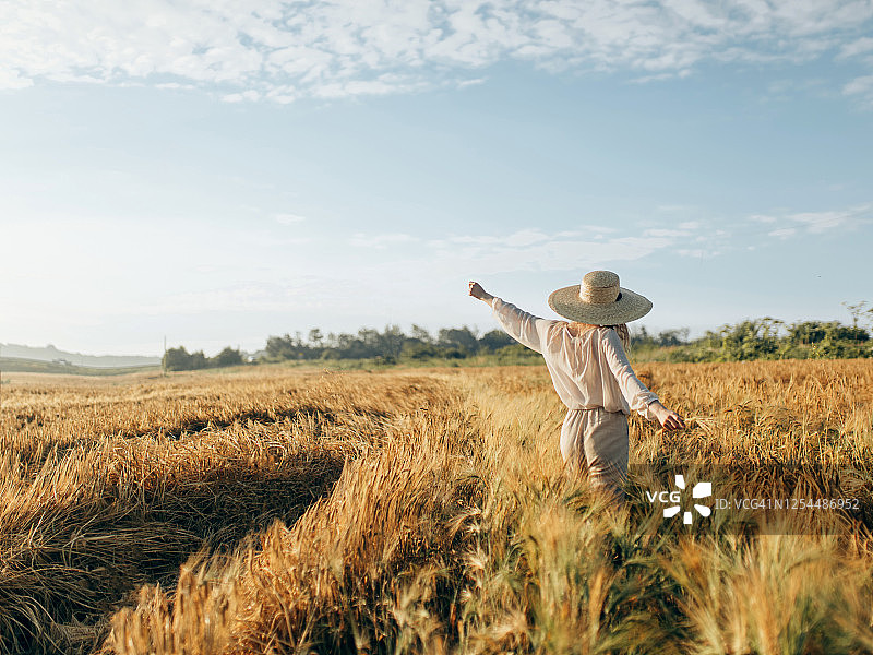 年轻女人走过金色的草地图片素材