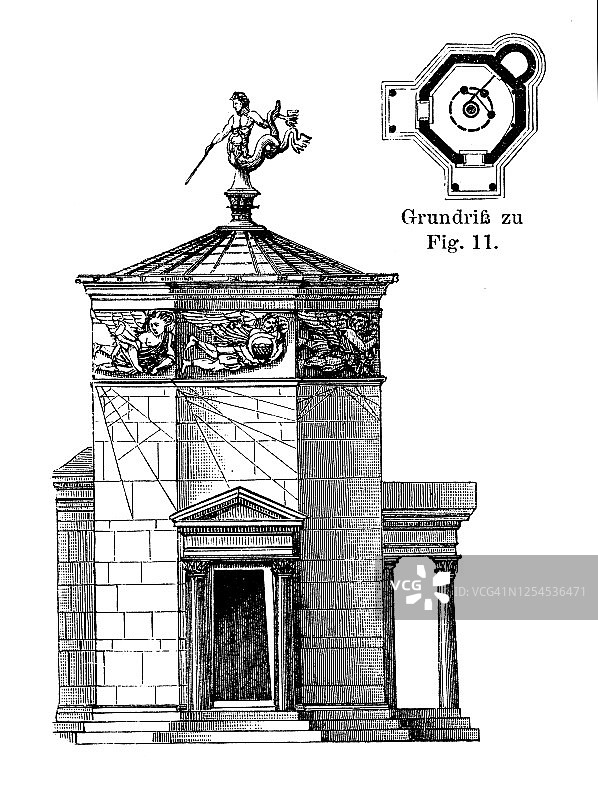 雅典集市风之塔的古老雕刻插图 - 希腊建筑图片素材