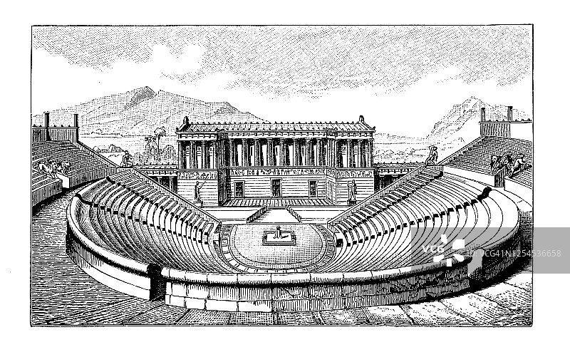 塞格斯塔的希腊剧院古老雕刻插图-希腊建筑图片素材
