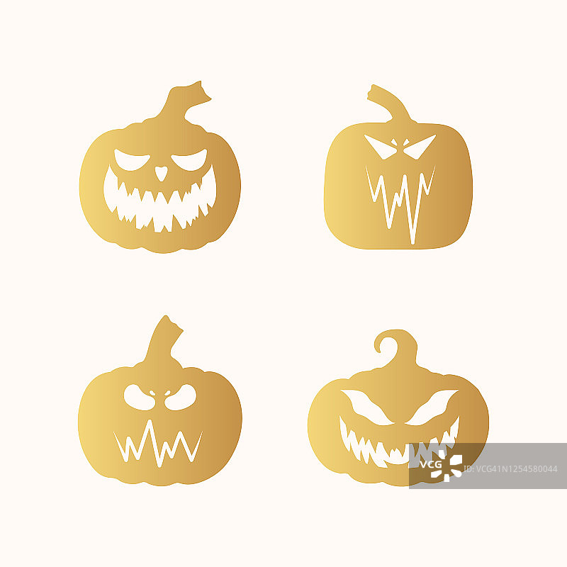 万圣节金色南瓜剪影，带恐怖笑脸的十月派对金色南瓜灯卡通剪贴画合集图片素材