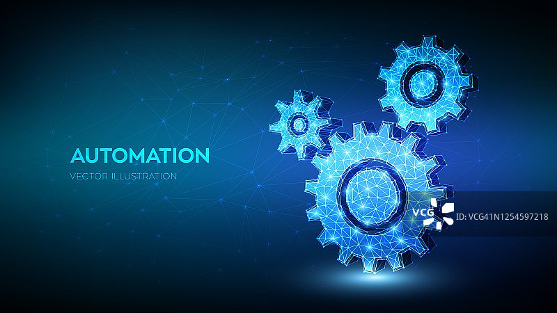 齿轮。机械技术机器工程符号。抽象线框低多边形3D齿轮。RPA。工业发展、发动机工作、商业解决方案概念。矢量图。图片素材
