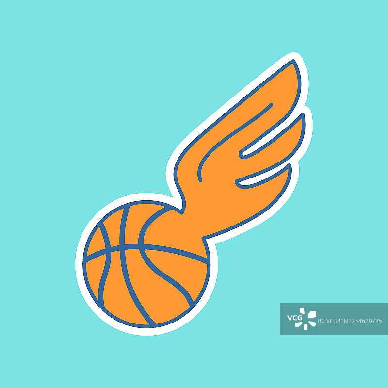 带翅膀的篮球：橙色篮球背景为蓝绿色，飞行球，比赛和团队标志，扁平图标图片素材