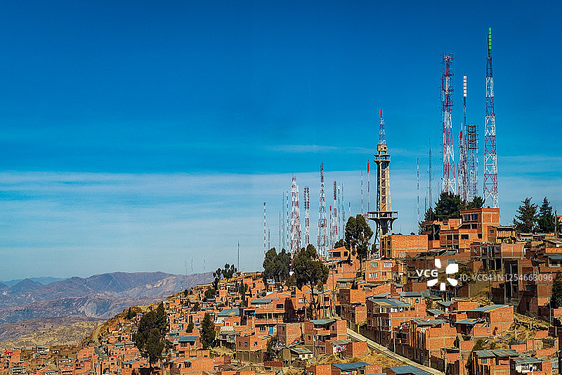 从天空俯瞰玻利维亚拉巴斯市，安第斯山脉的山峰图片素材