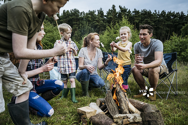 一家四口在户外烤棉花糖图片素材