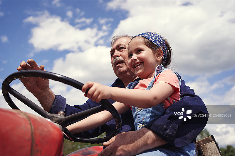 幸福的孙女帮助爷爷驾驶拖拉机图片素材