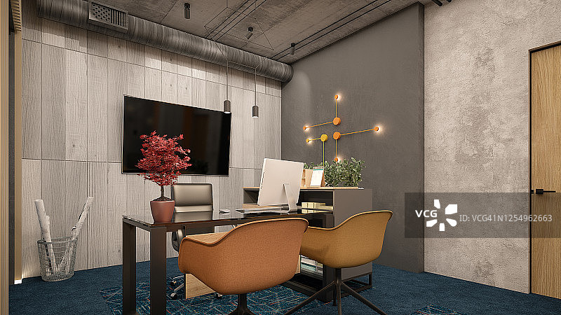 办公室的计算机生成图像。建筑可视化。3D渲染。室内设计图片素材