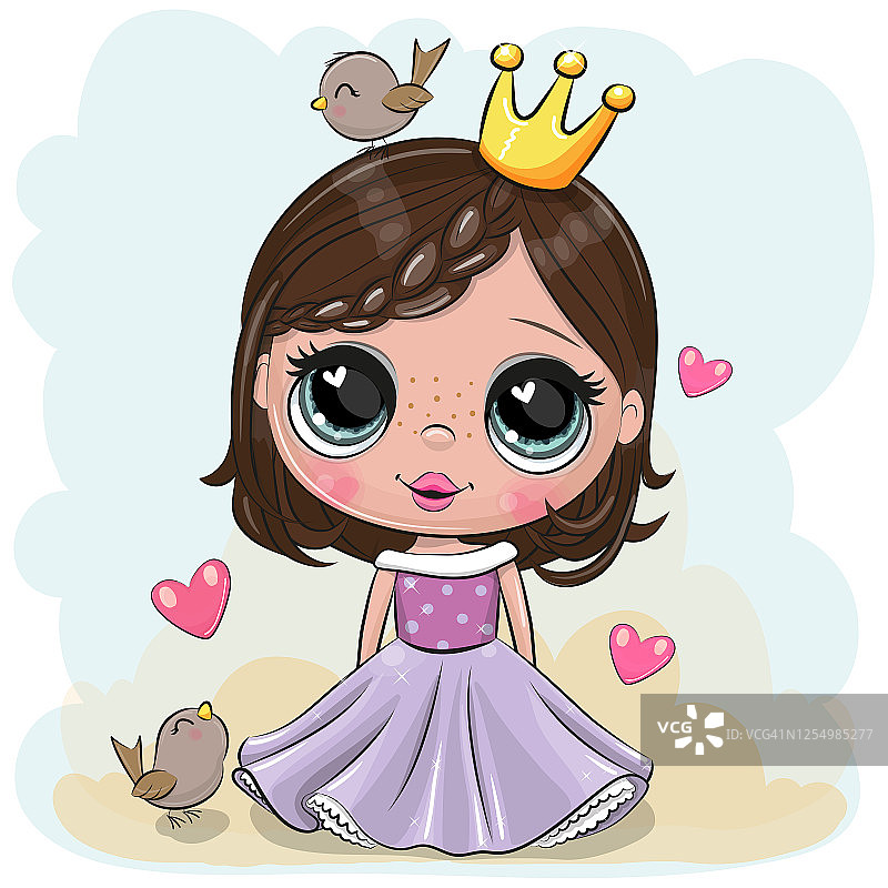 蓝底紫裙小公主与小鸟图片素材