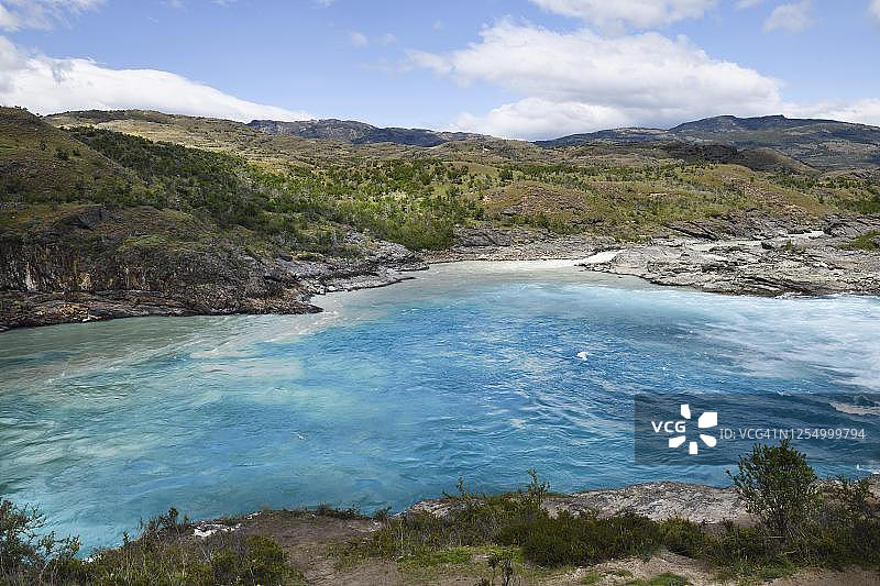 蓝色贝克河与灰色内夫河交汇处的湍流，位于科克伦和瓜达尔港之间的泛美公路上，智利巴塔哥尼亚艾森地区图片素材