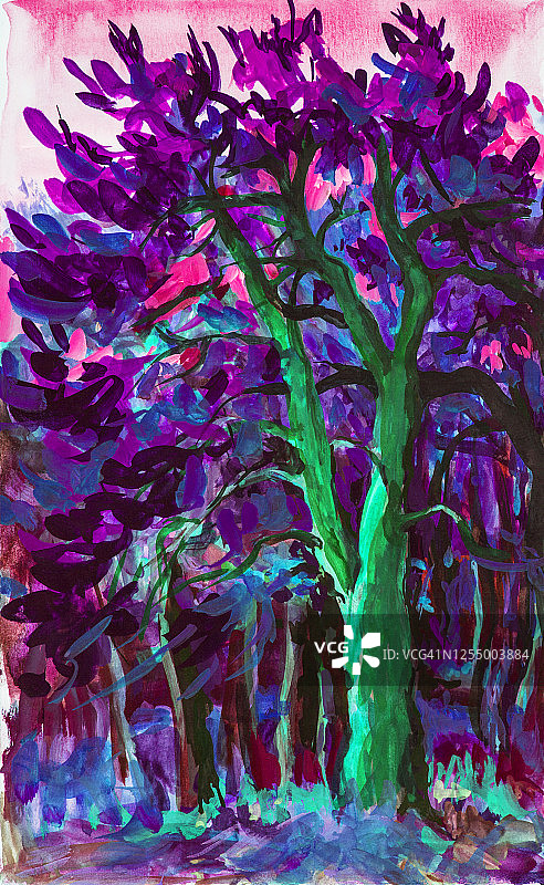 画布油画风景印象派：日落后粉色天空下的松树林图片素材