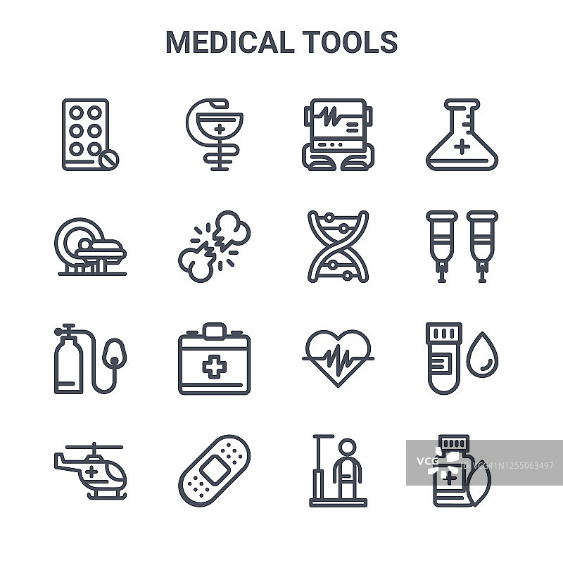 16个医疗工具概念矢量线条图标：医药、核磁共振、DNA图片素材