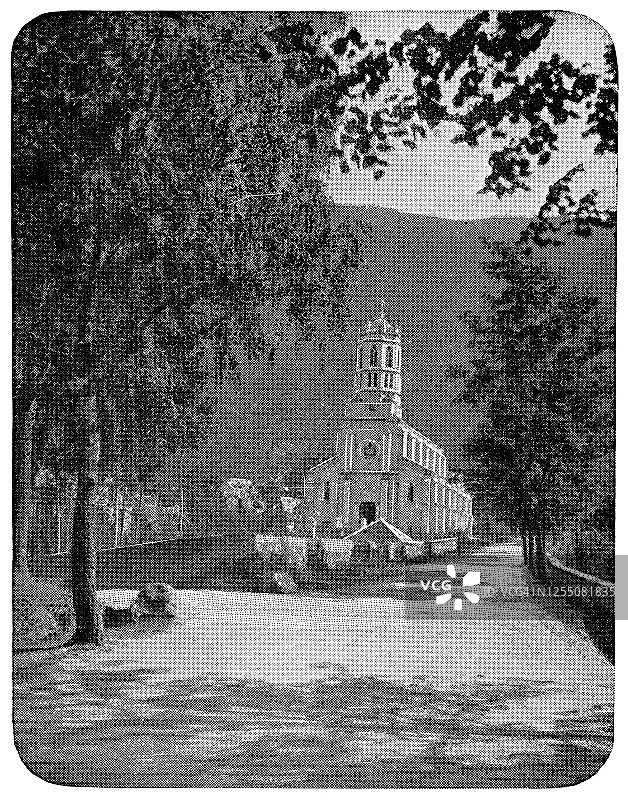 法国比利牛斯山巴涅尔-德-吕雄附近的旧教堂 - 19世纪图片素材