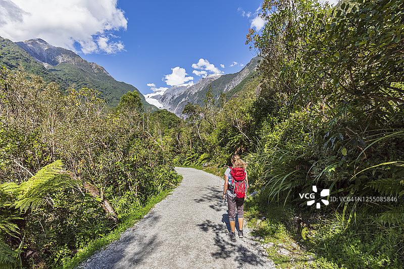 新西兰弗朗兹约瑟夫冰川的背包客图片素材