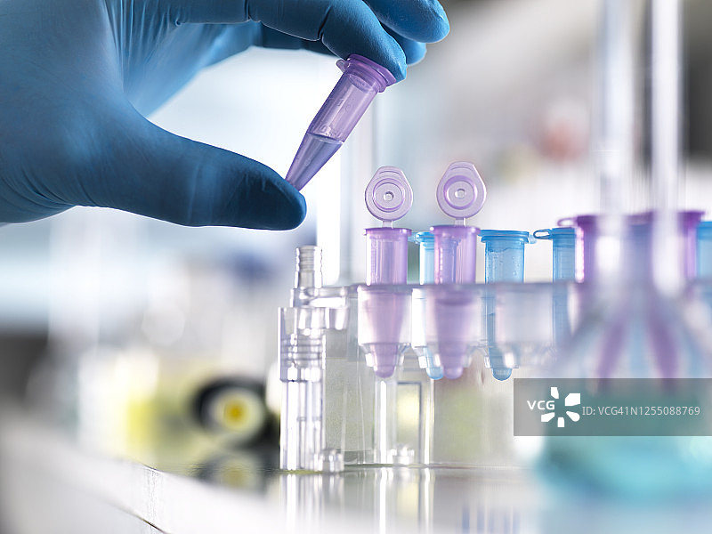男科学家在实验室用小瓶 holding DNA 样本的手部特写图片素材