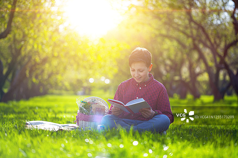 青少年男孩在公园野餐时阅读书籍图片素材