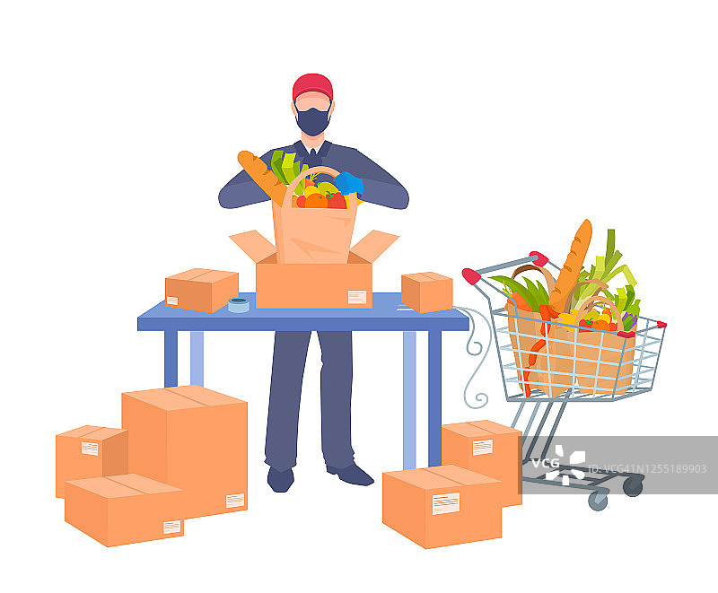 送货员正在打包食物，准备配送。在线购物。图片素材