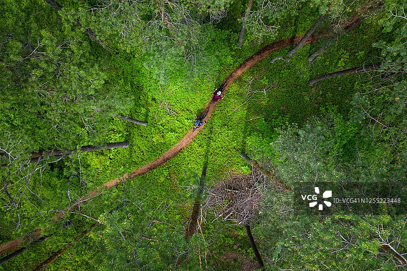 奥地利克拉根福，情侣在森林中骑山地自行车的航拍景色图片素材