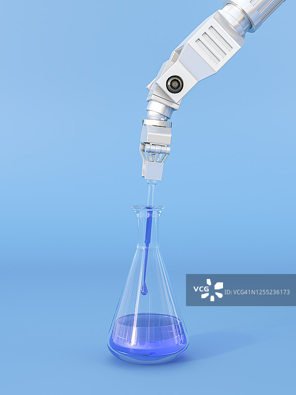 机械臂将蓝色液体滴入小瓶的三维渲染图片素材