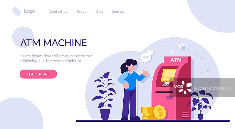 ATM机概念：人物使用ATM机进行金融交易的场景插画图片素材