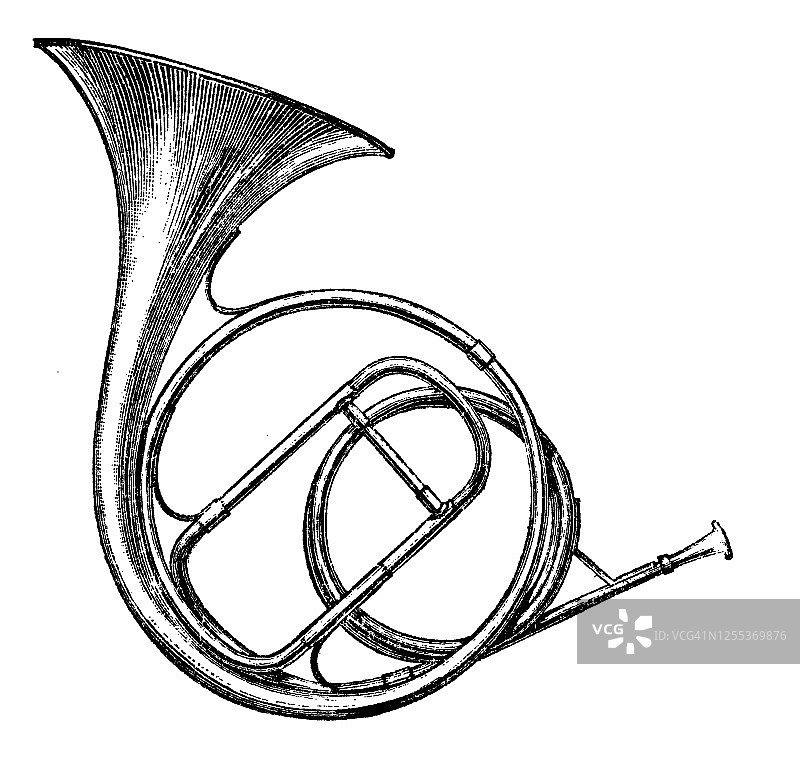 法国号乐器古老雕刻插图图片素材