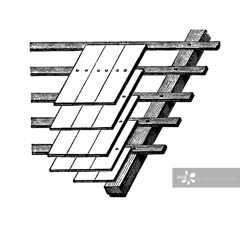 铺设屋顶瓦的类型，屋顶承包商古版画插图图片素材