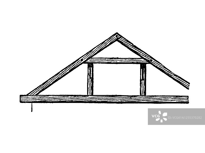 木屋顶桁架设计的古老雕刻插图图片素材