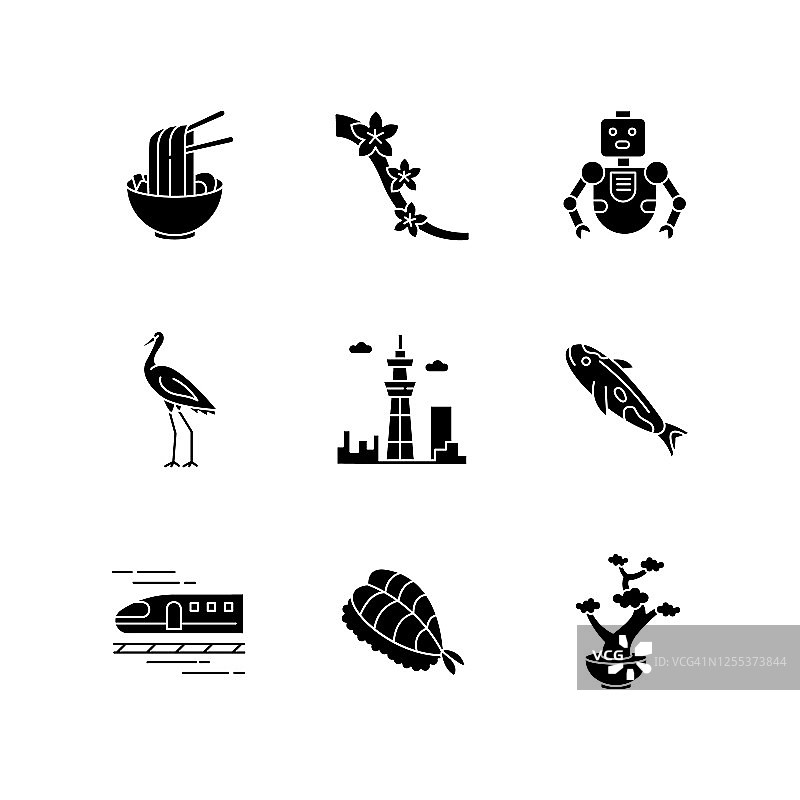 白色背景上的日本黑色标志符号集：拉面、亚洲食物、樱花树、鹤、东京晴空塔、锦鲤等日式元素剪影矢量插画图片素材