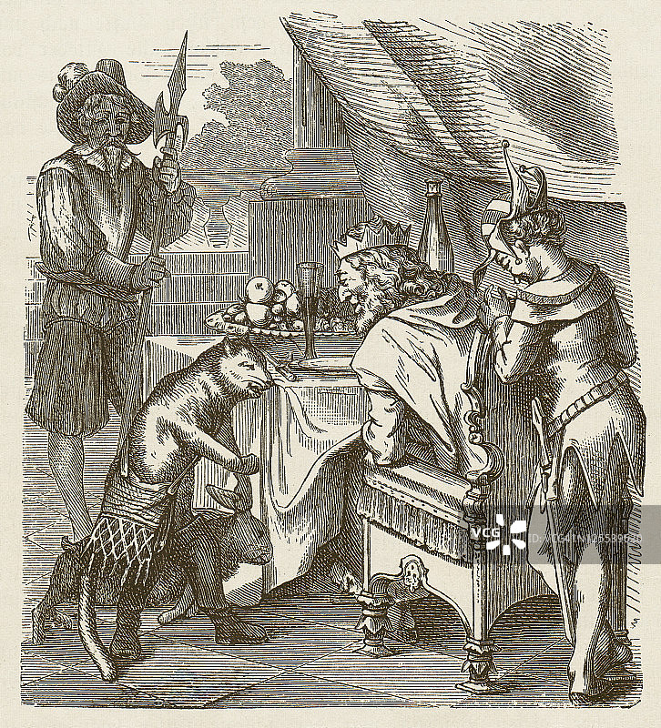 穿靴子的猫，童话故事，1873年木刻版画图片素材