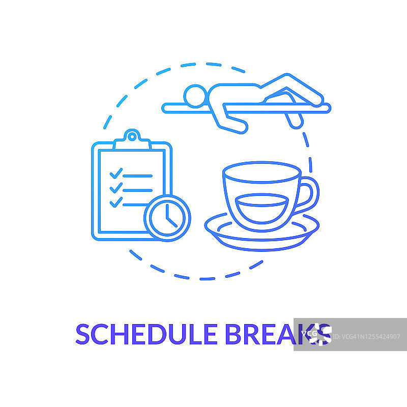 蓝色概念的日程休息图标。工作中的空闲时间。暂停学习。过度劳累的员工。自我保健措施细线插图。矢量隔离轮廓RGB颜色绘图图片素材