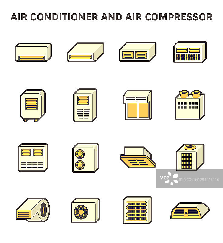 暖通空调系统的空调和空气压缩机矢量图标集设计图片素材