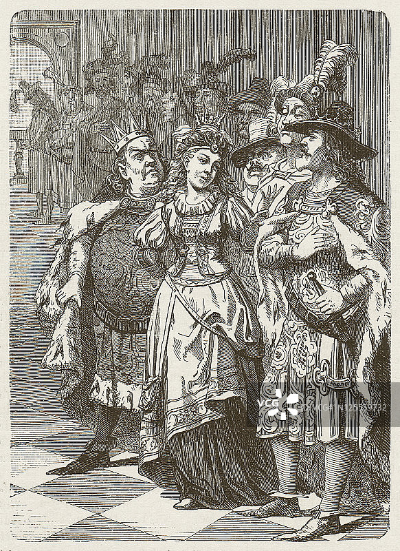 鸫胡子国王，童话故事，1873年出版的木刻版画图片素材