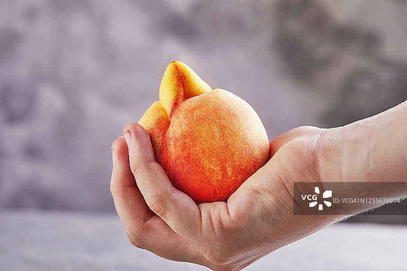 一个丑陋的水果或蔬菜概念：手握灰色背景上一个非常丑陋的变异桃子，滞销的丑陋水果图片素材