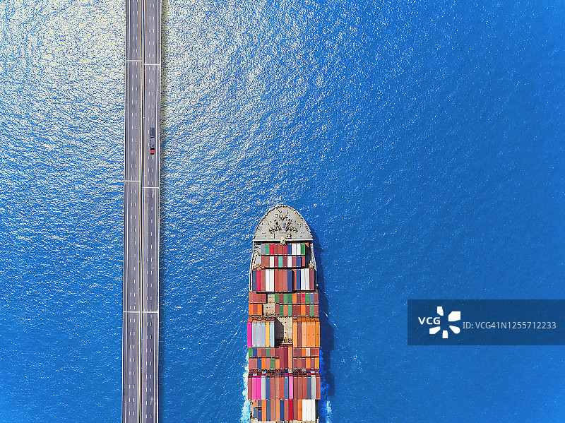空中俯瞰海上集装箱货船图片素材