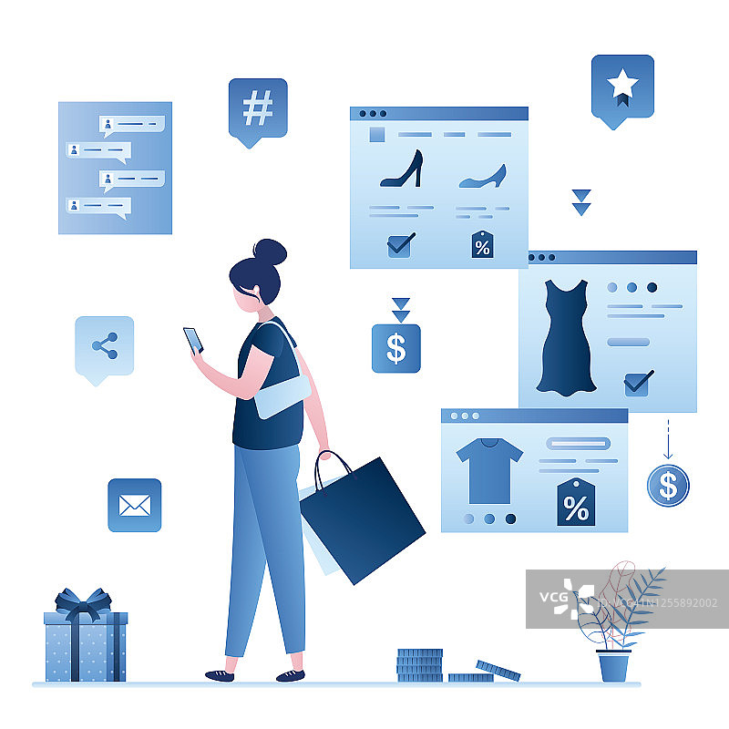 网购概念：时尚女性手机购物图片素材