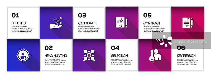 招聘相关流程信息图模板。过程时间图。使用线性图标的工作流布局图片素材
