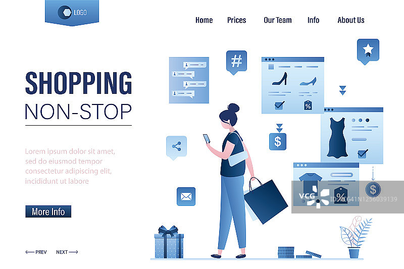 不停购物落地页模板：美女看时尚商品并在手机上购物图片素材