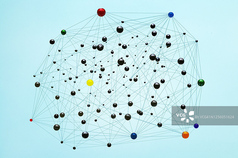 随机线条连接多个彩色球体的抽象图像图片素材