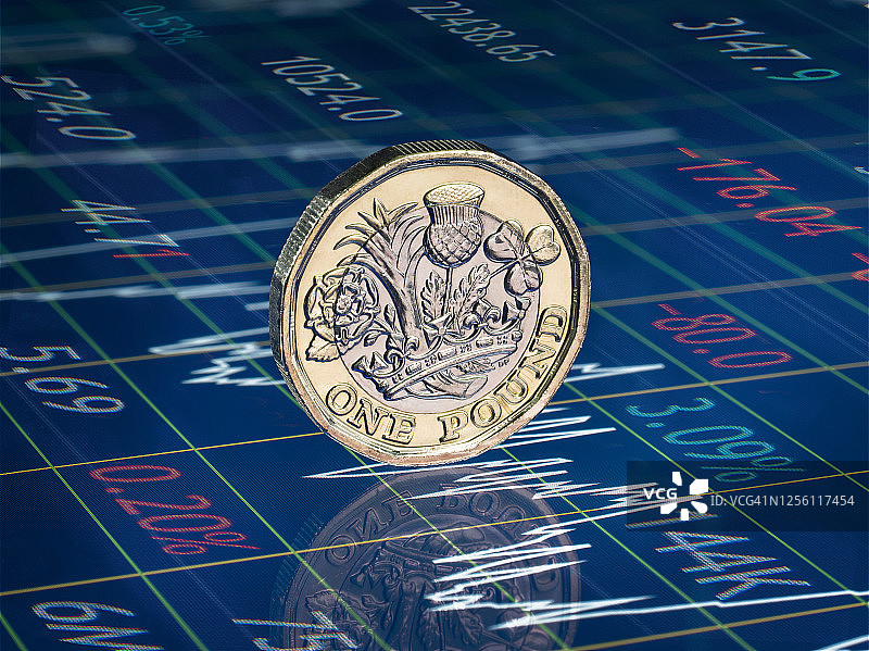 带有图表和数字的金融图表上的英镑硬币图片素材