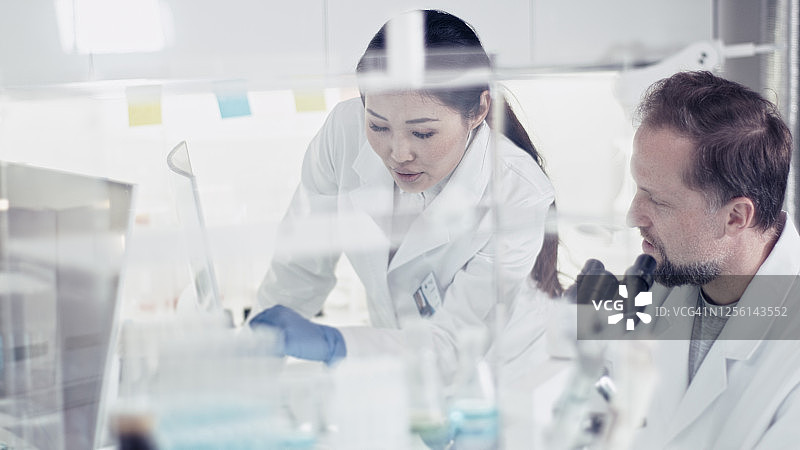 未来主义实验室：亚裔女医生使用显微镜，研究伙伴在前景中图片素材