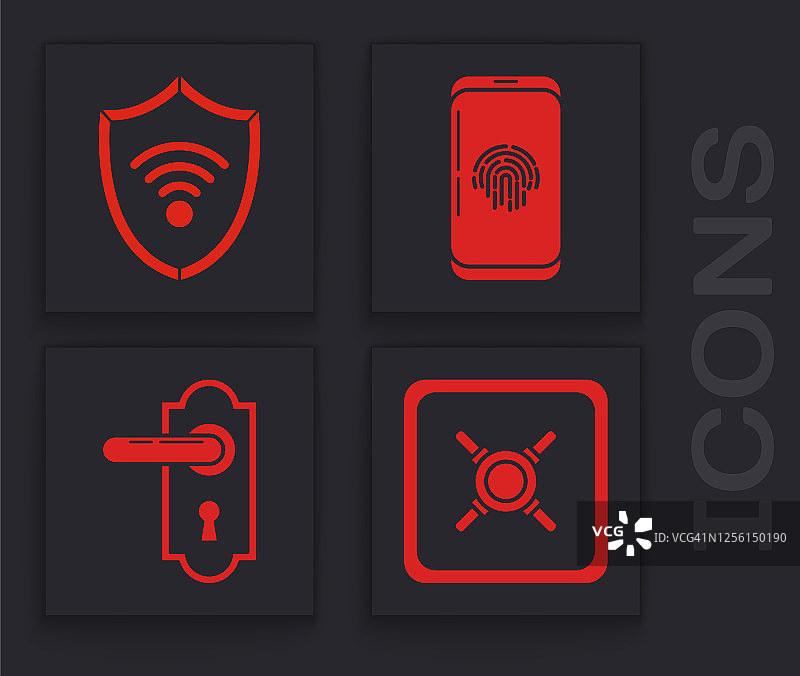 保险箱、带WiFi无线网络的盾牌、带指纹扫描仪的智能手机和门把手组合banner图片素材